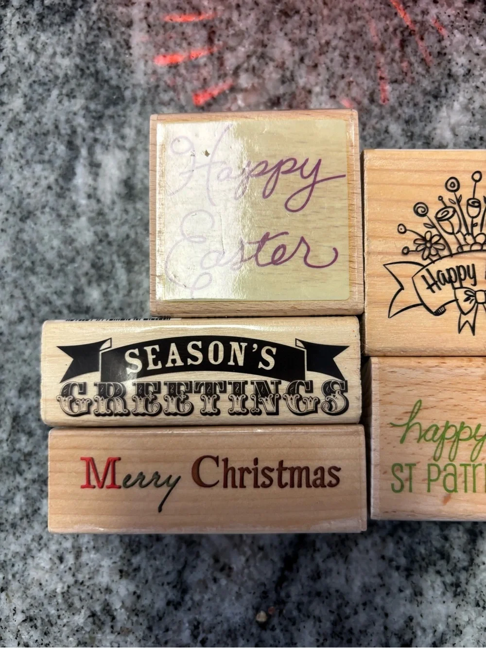 Seasonal Holiday Wood Stamp Set - Natural Wood with Green & Red Accents - Picture 4 of 8